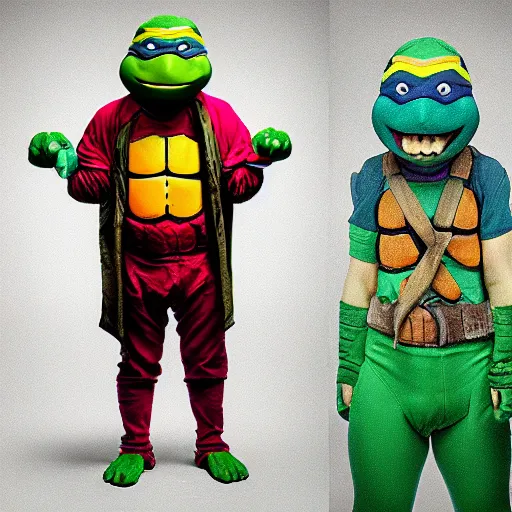 Image similar to portrait of a teenage mutant ninja turtle in the style of Diane Arbus