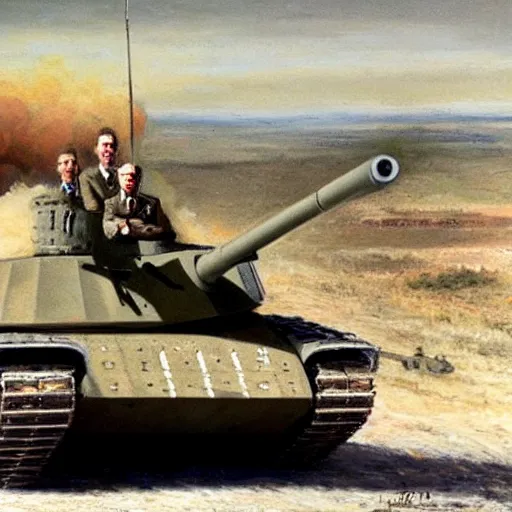Image similar to George H.W. Bush rides in a tank leading his army against Iraq, oil on canvas, 1883