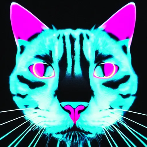 Prompt: cat face, portrait, vaporwave, synthwave, neon, vector graphics, cinematic, volumetric lighting, f 8 aperture, cinematic eastman 5 3 8 4 film