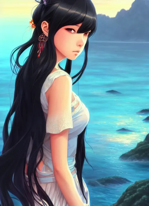 Image similar to a beautiful girl with long black hair in, island background, intricate, highly detailed, digital painting, artstation, official media, anime key visual, concept art, rich vivid colors, ambient lighting, sharp focus, illustration, art by Artgerm, Makoto Shinkai, Ilya Kuvshinov, Lois Van Baarle, and Rossdraws