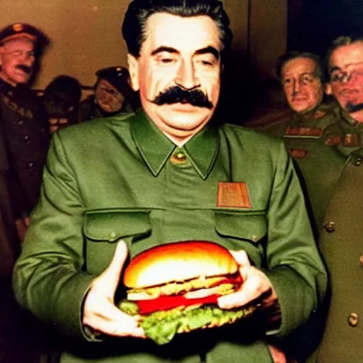 Image similar to stalin eats a hamburger at mcdonald's, photo in color