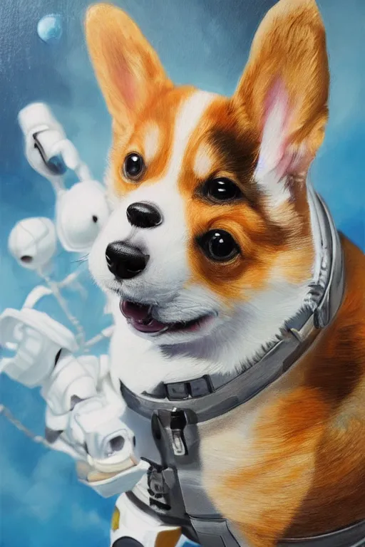 Prompt: corgi puppy as an astronaut, oil on canvas, intricate, portrait, 8 k highly professionally detailed, hdr, cgsociety