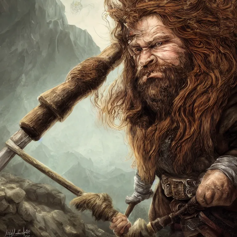 Image similar to dwarf with hammer in mountains, lord of the rings style, fantasy, poster, character portrait, portrait, close up, concept art, intricate details, highly detailed, full body, 8 k, detailed face, body