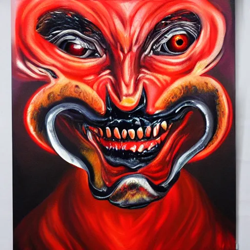 Image similar to abstract oil painting black demon red eyes red mouth, wings,, 8 k, high quality, highly realistic photo realistic