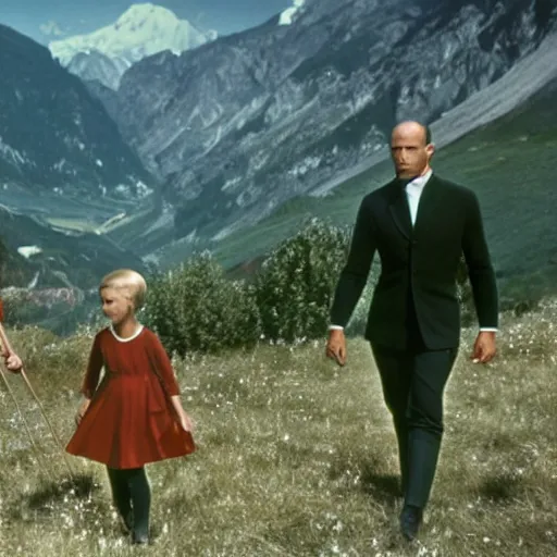Image similar to jason statham walking on the mountainside with children in the sound of music 1 9 6 5