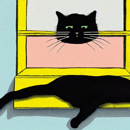 Prompt: a giant black cat with yellow eyes looking through a window at a sleeping blonde girl