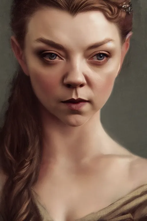 Image similar to a portrait of Natalie Dormer as an elegant beautiful dark bohemian vampire woman, smooth face, glamour shot, bored, illustration, dramatic lighting, soft details, painting oil on canvas, art nouveau, octane render, HDR, 4k, 8k, HD, by Edmund Blair Leighton, Brom, Charlie Bowater, trending on artstation,