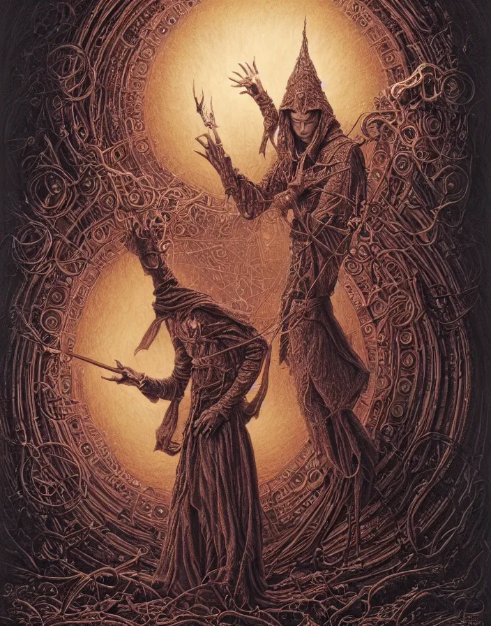 Image similar to highly detailed portrait of a dark mage casting a spell by alex grey, patrick woodroffe, mark ryden created by gustave dore and greg rutkowski, high detailed, smooth draw, synthwave neon retro, intricate, realistic proportions, dramatic lighting, trending on artstation