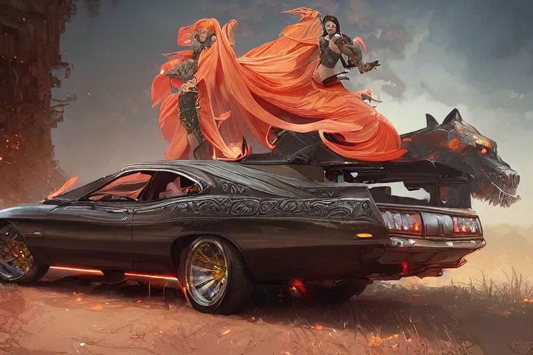 Image similar to The general Lee car, fantasy, elegant, intricate, highly detailed, digital painting, artstation, concept art, sharp focus, illustration, art by artgerm and greg rutkowski and alphonse mucha