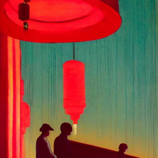 Image similar to night club, five red chinese lanterns, people's silhouettes close up, minimalism, by edward hopper