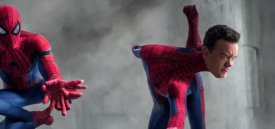 Prompt: Tom Hanks as Spider-Man, film still, wide-shot, full shot, cinematic lens, heroic portrait