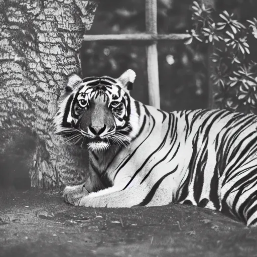 Prompt: woman from rising silent posing with a tiger in a garden, 1 9 2 0 s photography, trending on unsplash, black and white photography, intricately defined, complexly detailed, 4 k photorealism, golden ratio!!!!!, centered!!!!!