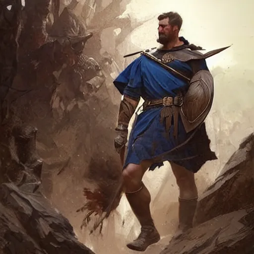 Image similar to Ranger marching toward the viewer, male, muscular, blue eyes!!!!, straight nose!!!, detailed face, exposed thighs!!!, fantasy, medieval, highly detailed, painting by greg rutkowski