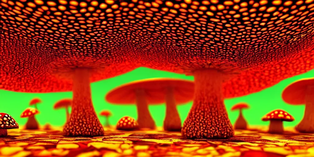 Image similar to a 3 d render of a giant psychedelic amanita muscaria, many tiny people are below looking up at it,