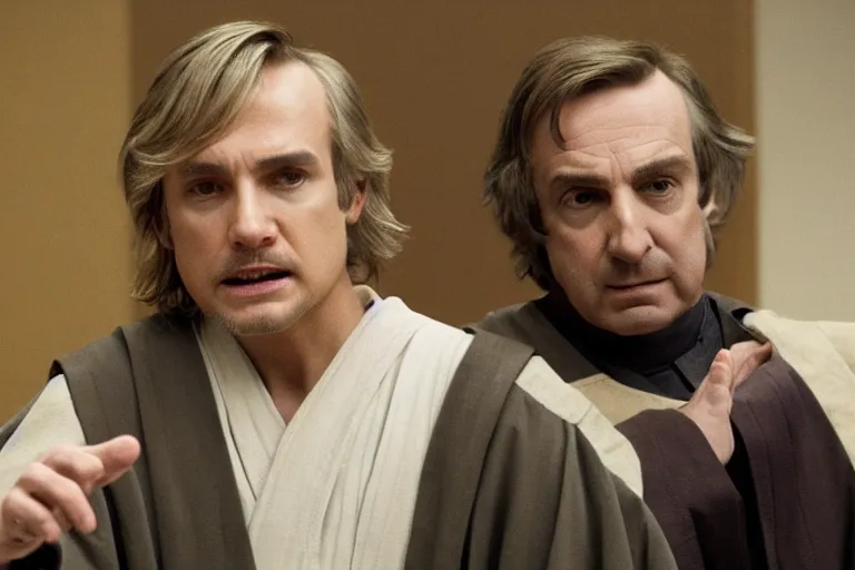 Image similar to jedi master anakin skywalker talking to saul goodman in court, us court, 1 0 8 0 p, court session images, realistic faces, better call saul court scene