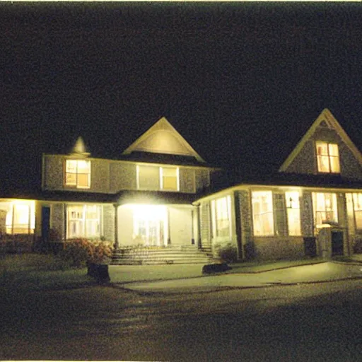 Image similar to a foggy high flash photo of a suburban home from the street at night, 2 0 0 6, taken with a disposable camera