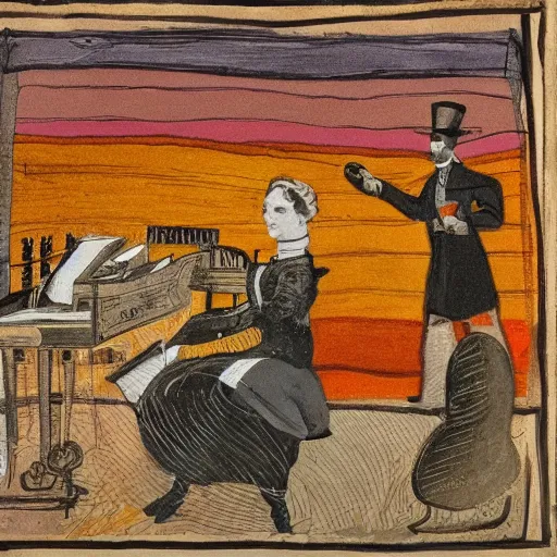 Image similar to a panting about victorian society, drawn in abstract with warm colors, with lines drawn straight with penned ink