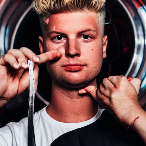 Prompt: Yung Gravy at a licorice factory, promotional photo, photorealistic, artificial lighting, detailed!, 8k