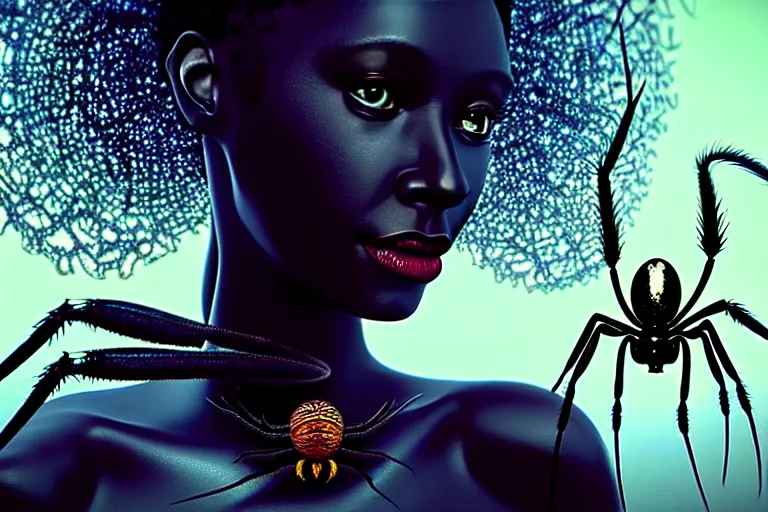Image similar to realistic detailed photorealistic closeup portrait movie shot of a beautiful black woman with a giant spider, sci fi city landscape background by denis villeneuve, amano, yves tanguy, alphonse mucha, ernst haeckel, david lynch, edward robert hughes, roger dean, cyber necklace, dynamic pose, rich moody colours, wide angle