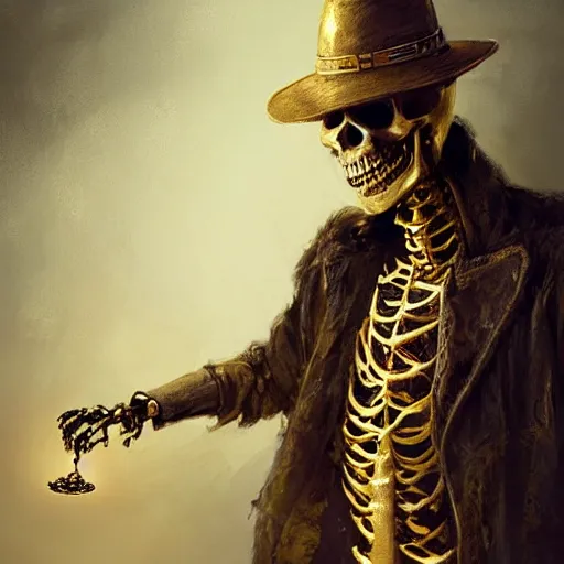 Image similar to a skeleton with a golden chain,wearing a hat,digital art,realistic,ultra detailed,art by greg rutkowski,dramatic,cinematic,movie,swag,cool