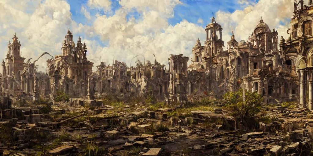 Image similar to An abandoned destroyed spanish city, abandoned, ruined buildings, oil painting, painting by Viktor Vasnetsov, concept art, fantasy cityscape, ancient Spanish architecture, painting by Ivan Shishkin, hyperborea, high resolution, trending on artstation,