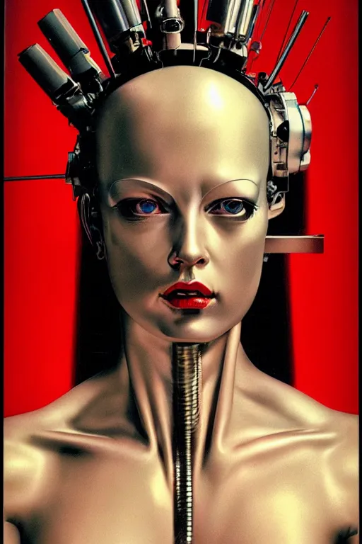 Image similar to cyborg head wrapped in plastic bags by Hajime Sorayama and Artemisia Gentileschi, centered, symmetrical, led, red, bilateral symmetry, 60s poster, polished, lightning, retro dark vintage sci-fi, 2D matte illustration