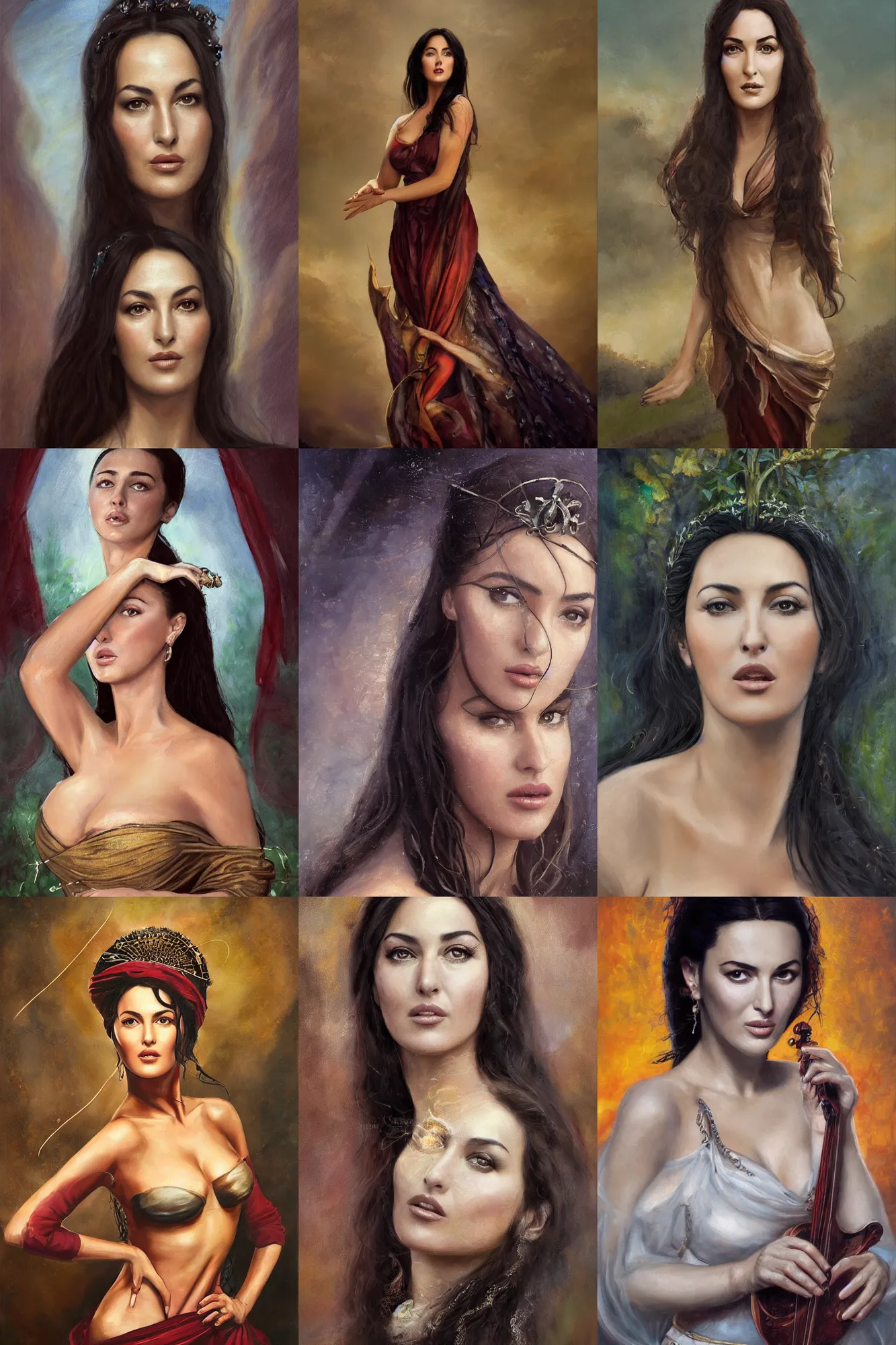 Image similar to a full body high detail fantasy portrait oil painting illustration of young monica bellucci as a beautiful sophisticated singing bard woman by justin sweet with face and body clearly visible, in a scenic background, pupils visible, realistic proportions, d & d, rpg, forgotten realms, artstation trending, high quality, sombre mood, artstation trending, muted colours, entire person visible!