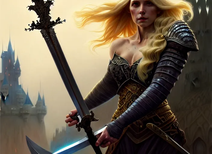 Image similar to A epic fantasy portrait of a blond woman, holding a sword, castle setting, horror movie lightning, intricate, elegant, highly detailed, digital painting, artstation, concept art, matte, sharp focus, illustration, art by Artgerm and Greg Rutkowski and Alphonse Mucha