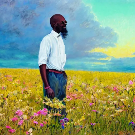 Image similar to an east african man with curly hair in a vast field of flowers, looking off into the sunset, relaxing, wide shot, golden hour, vintage, impressionist painting, fine art, oil painting, dreamy, pastel, laughing, happy, intricate details, sharp, peaceful, serene