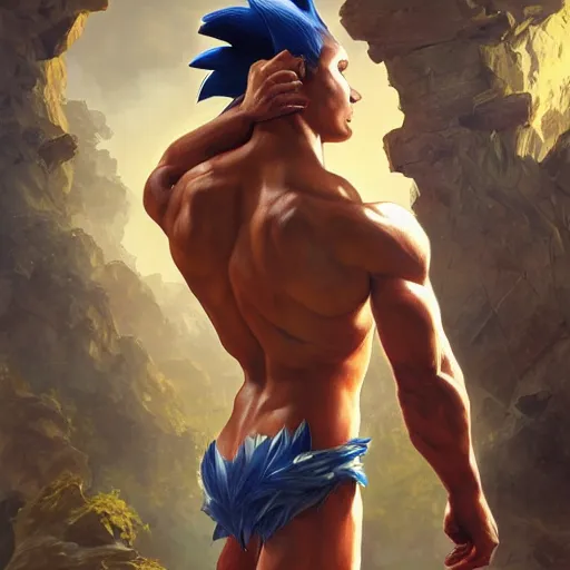 Image similar to sonic the hedgehog as a Greek god, gorgeous, amazing, muscular, fit, very muscular male body, intricate, highly detailed, digital painting, artstation, concept art, sharp focus, illustration, art by greg rutkowski and alphonse mucha