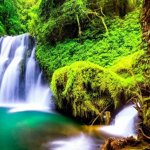 Image similar to beautiful waterfalls deep in the jungle, impressive, profound, natural lighting,