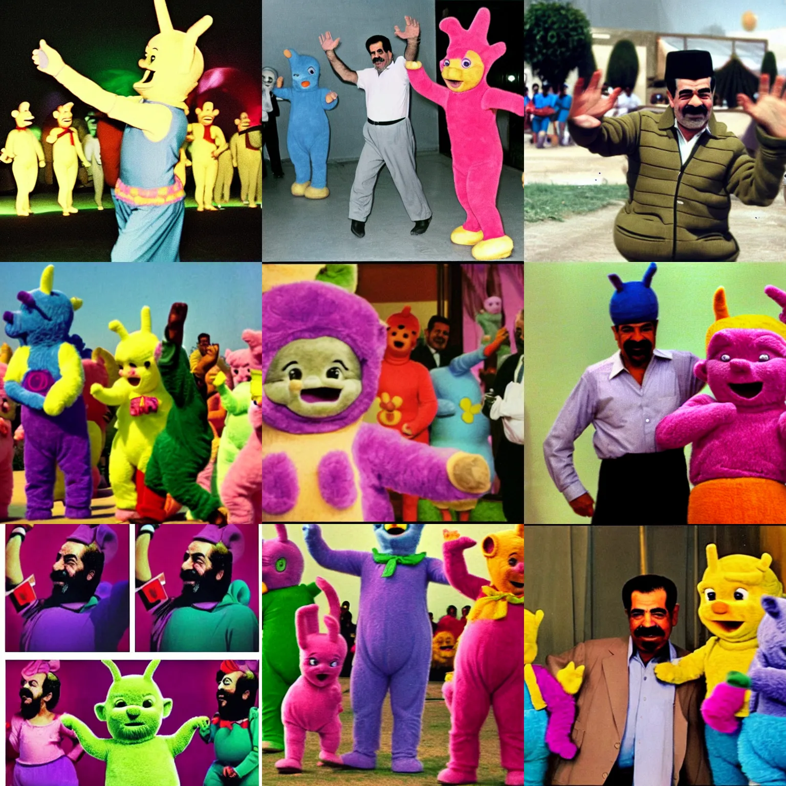 Prompt: Saddam Hussein dancing with the teletubbies