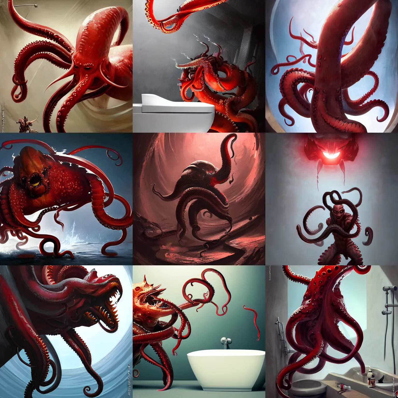 Prompt: sideview of tentacles coming out of toilet bowls with angry red gowing eyes epic battle pose ruling the world , action scene pose in bathroom , studio light, wapor wave retro design by greg rutkowski