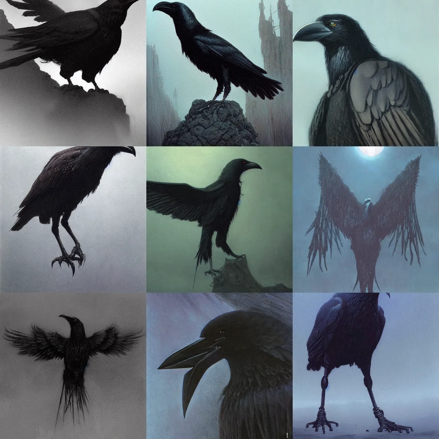Prompt: crow. majestic, mythical. gloomy atmospheric lighting. foggy background. concept art by wayne barlowe.