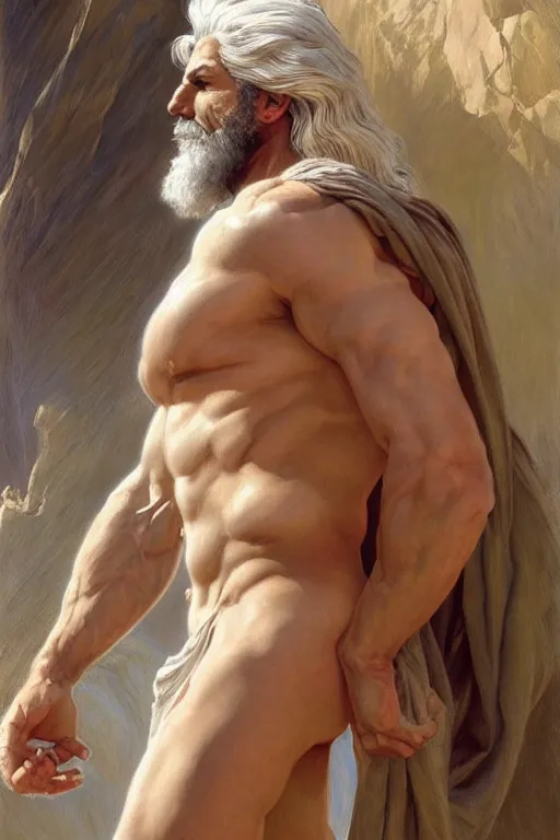 Image similar to painted portrait of rugged zeus, god of thunder, greek god, white hair, masculine, mature, handsome, upper body, flowy robe, muscular, hairy torso, fantasy, intricate, elegant, highly detailed, digital painting, artstation, concept art, smooth, sharp focus, illustration, art by gaston bussiere and alphonse mucha