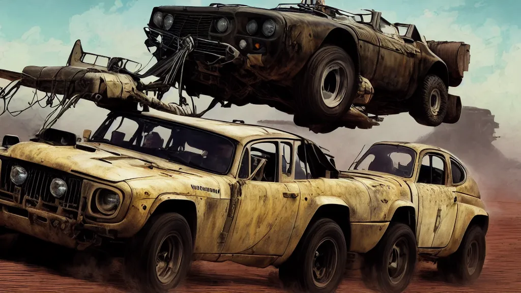 Image similar to illustration of mad max's fj 4 0 pursuit special, the last v 8 interceptor driving down to the gates of valhalla highway, fury road, eternal shiny and chrome, world of fire and blood, by makoto shinkai, ilya kuvshinov, lois van baarle, rossdraws, basquiat, studio ghibli, global illumination ray tracing hdr