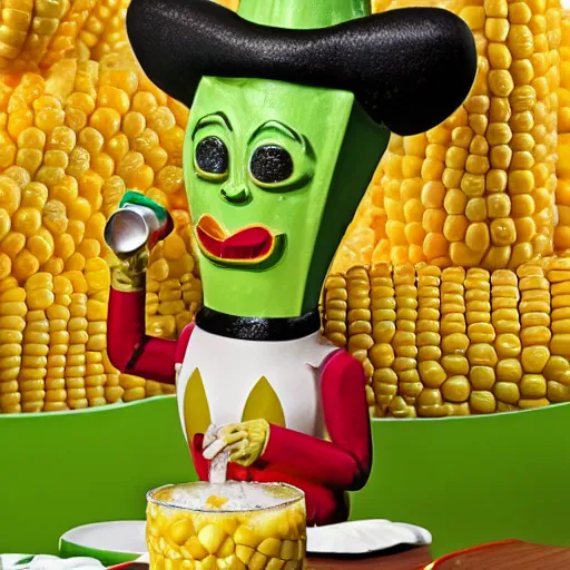 Prompt: an anthropomorphic corn cob drinking margaritas