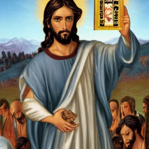 Image similar to Jesus holding a kilo of cocain