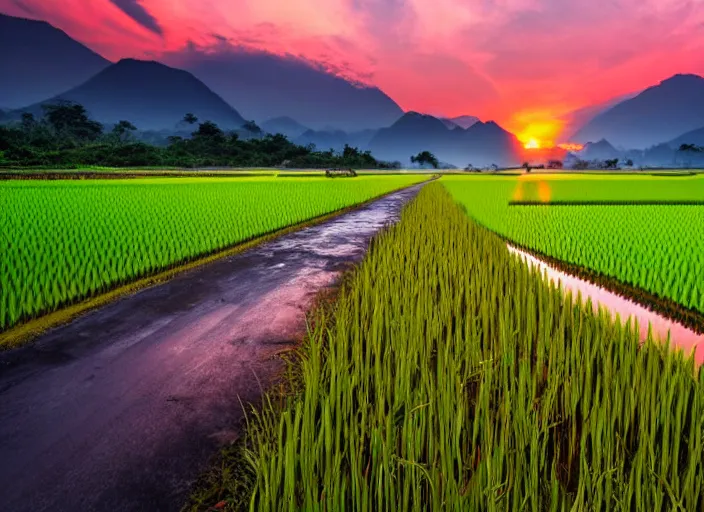 Image similar to a road between rice paddy fields, two big mountains in the background, big yellow sun rising between 2 mountains, flocks of birds in the sky, indonesia national geographic, award winning dramatic photography