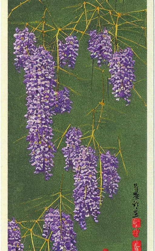 Prompt: by akio watanabe, manga art, wisteria flowers falling down, trading card front
