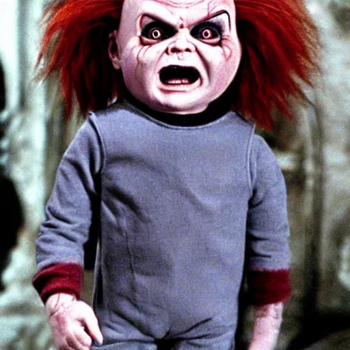 Image similar to screaming chucky doll in harry potter instead of emma watson