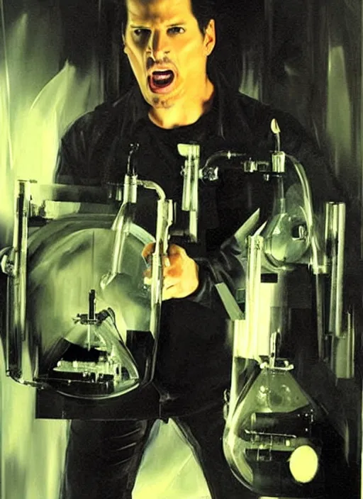 Prompt: zak bagans holding scientific equipment, enraged, painting by phil hale, 'action lines'!!!, graphic style, visible brushstrokes, motion blur, blurry