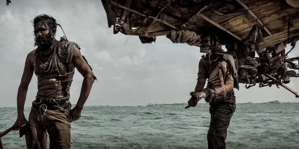 Prompt: sri lankan mad max style, ocean, driving a boat, film still, epic shot cinematography, rule of thirds