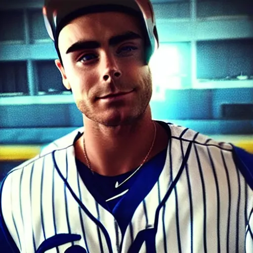 Image similar to “a realistic photo of a guy who is an attractive baseball player man who is part cyborg and part humanoid, who is a robot, Zac Efron”