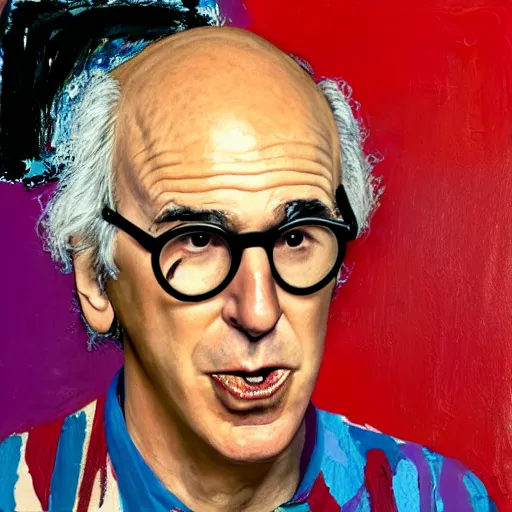 Image similar to Larry David eating a bagel as painted by Jean-Michel Basquiat, oil painting