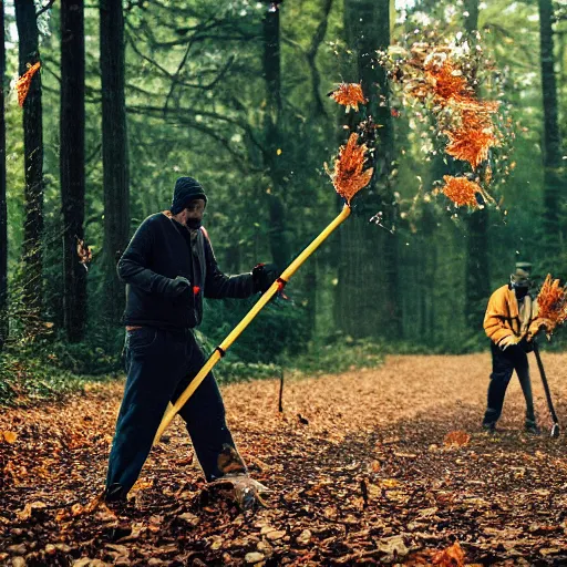 Prompt: men with leaf blowers fighting the falling leaves in a forest, detailed face, CANON Eos C300, ƒ1.8, 35mm, 8K, medium-format print