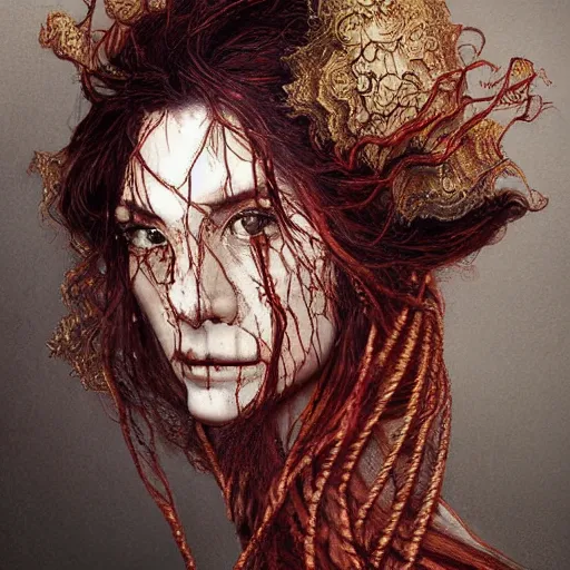 Image similar to portrait of a Shibari rope wrapped face and neck, headshot, insanely nice professional hair style, dramatic hair color, digital painting, of a old 13th century, traveler, amber jewels, baroque, ornate clothing, scifi, realistic, hyperdetailed, chiaroscuro, concept art, art by Franz Hals and Jon Foster and Ayami Kojima and Amano and Karol Bak,