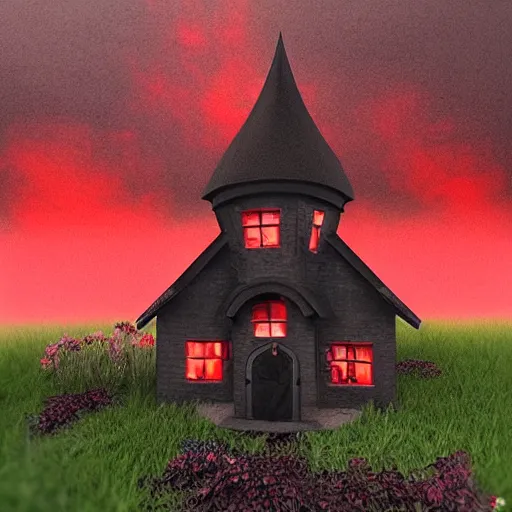 Prompt: Dark and Gloomy Witch house with red roof, in style of Anne Stokes