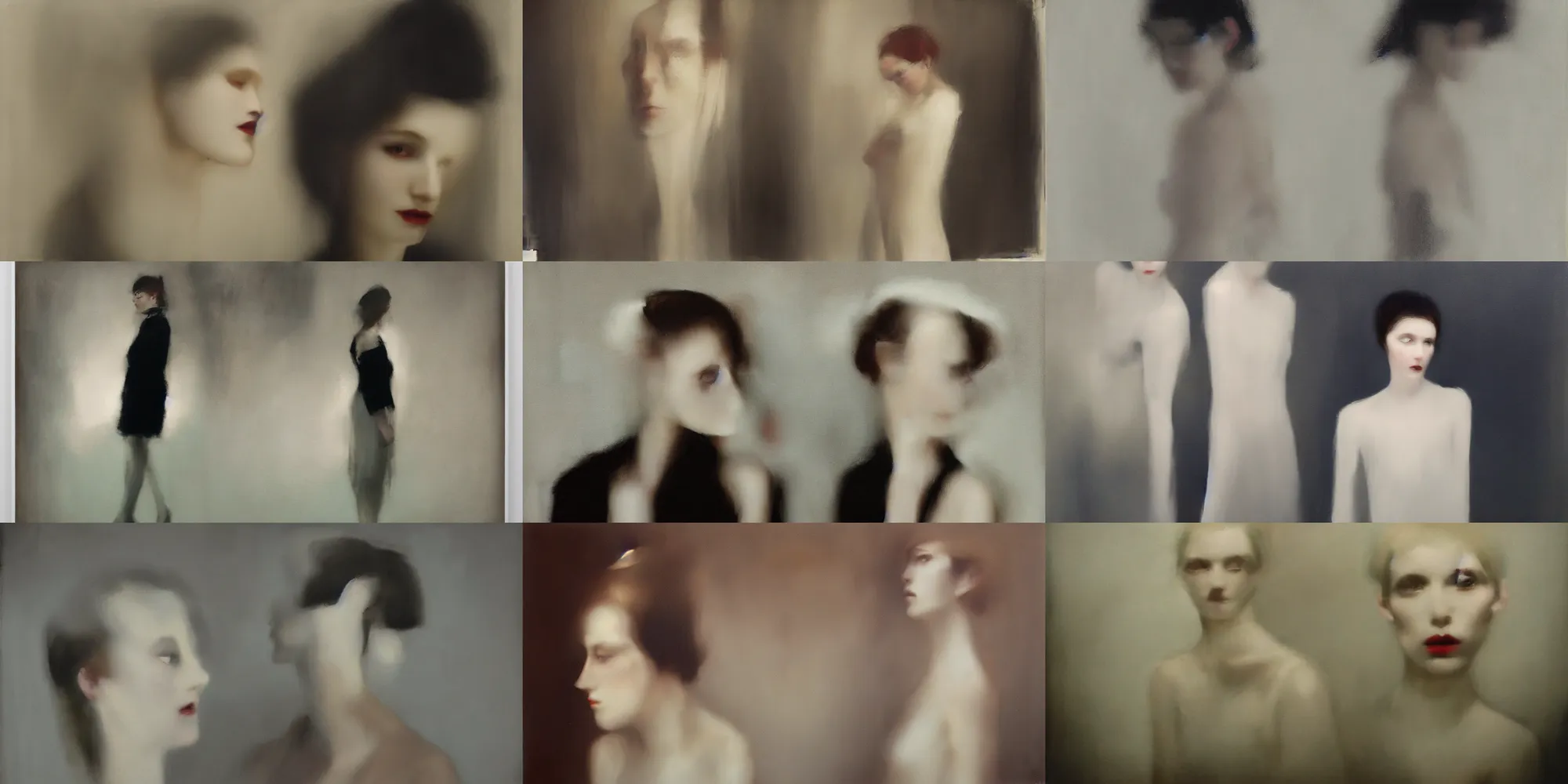 Prompt: out of focus photorealistic pale young women by sarah moon and michael carson, very blurry, translucent white skin, foggy