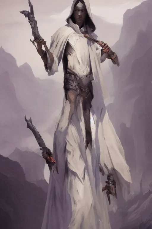 Image similar to fantasy painting of a pale man dressed in robes with a black blade, painted by Bayard Wu, ultra detailed, 8k